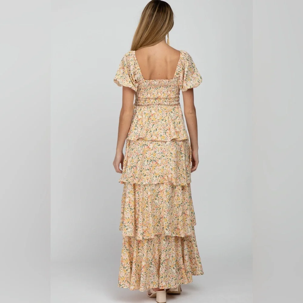 NWHT SOLD OUT PINKBLUSH Yellow Floral Square Neck Ruffle Layered Maternity Maxi - Picture 6 of 11